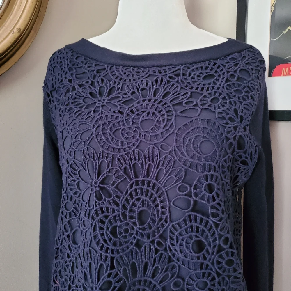 Lela Rose Navy Blue Lace and Cashmere Blend Sweater Size Small